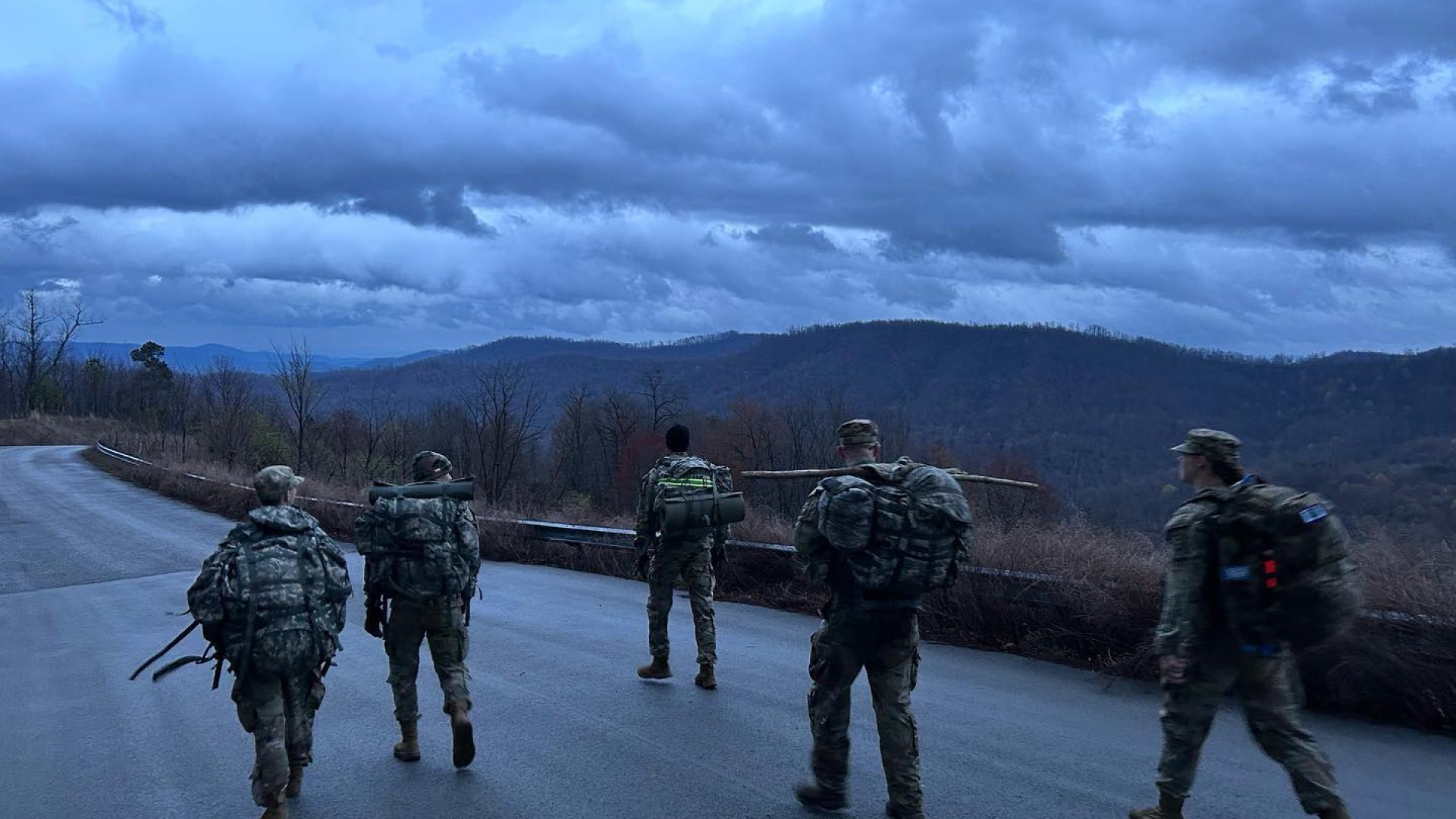 ROTC students march on a mountain ridge
