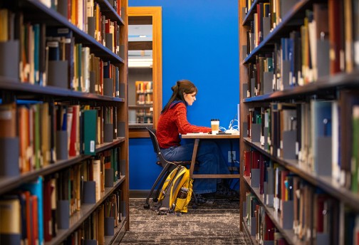 A student studies inside the library