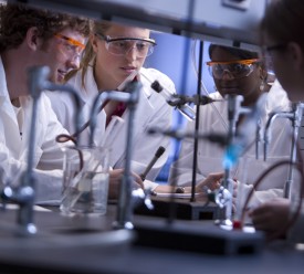 Students perform chemistry experiments in a lab.