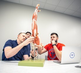 DPT teacher and students examine musculoskeletal model